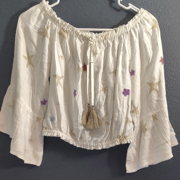 Surf Gypsy Tops - Surf Gypsy Cream Off-Shoulder Star & Embroidered Tassel Blouse